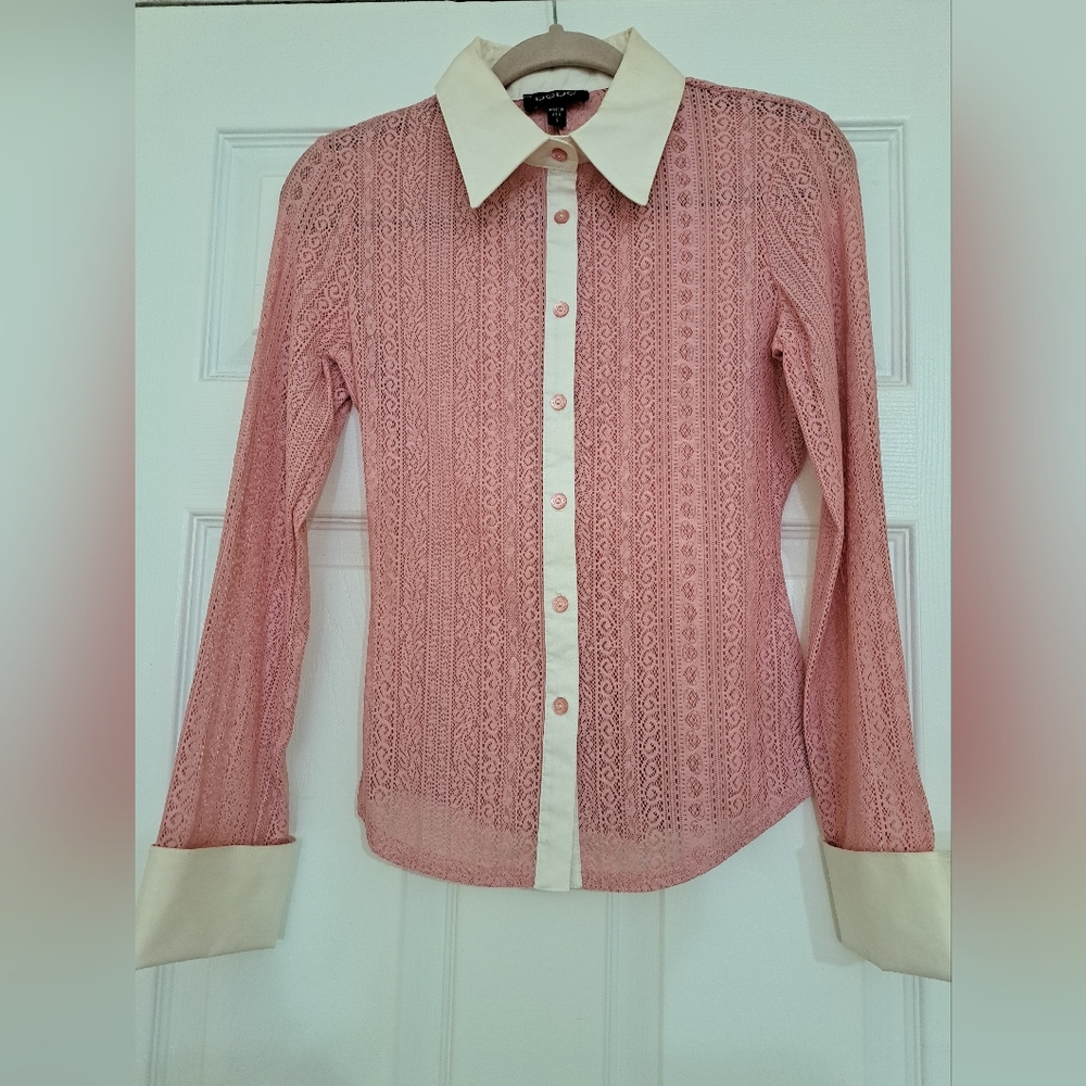 Bebe - Pink Sheer Shirt with White Cotton  Collar and Cuffs